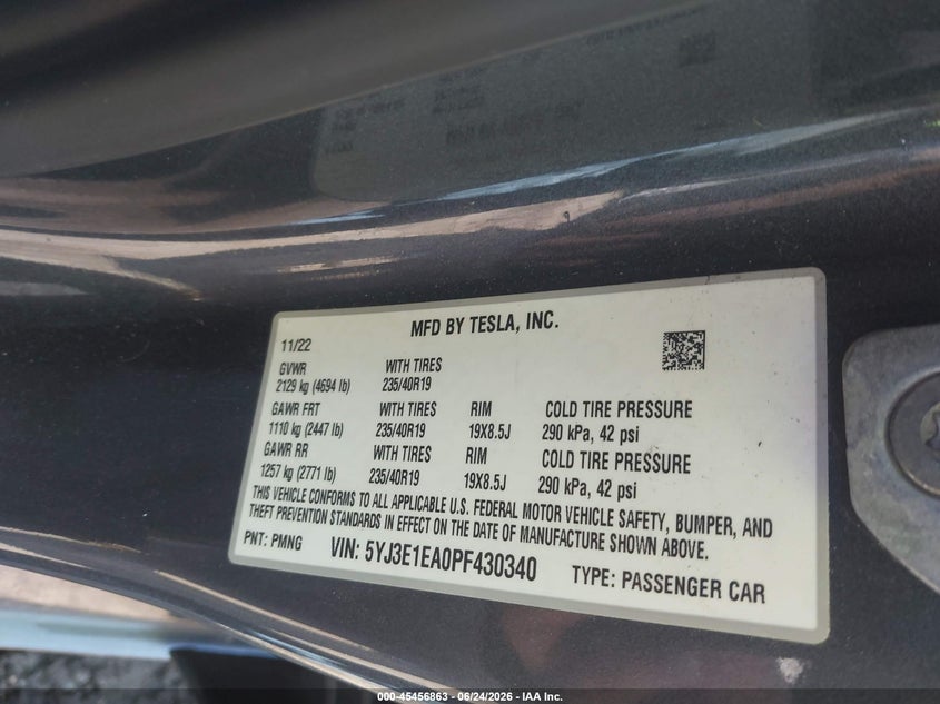 2023 Tesla Model 3 VIN 5YJ3E1EA0PF430340 IAAI salvage auction — FRONT END, Salvage (Massachusetts), sold $5,100 on 2026-07-30 (photo 9)