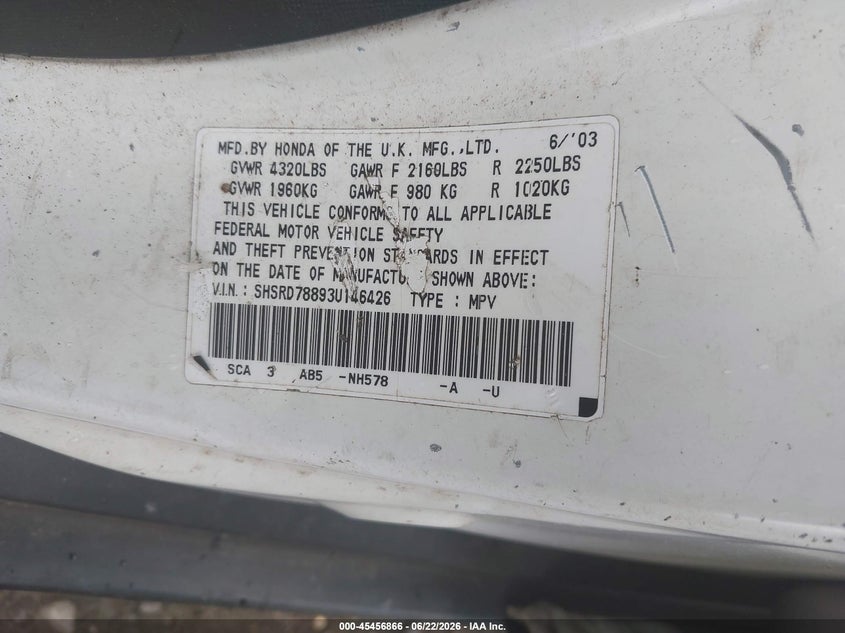 2003 Honda Cr-v VIN SHSRD78893U146426 IAAI salvage auction — NORMAL WEAR, Clear (Rhode Island), sold $400 on 2026-07-21 (photo 9)