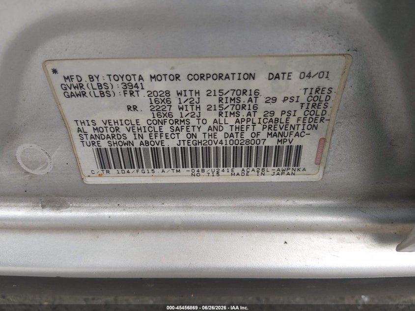2001 Toyota Rav4 VIN JTEGH20V410028007 IAAI salvage auction — REAR END, Salvage (California), sold $1,050 on 2026-07-31 (photo 9)