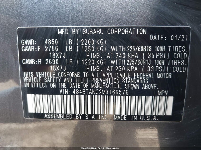 2021 Subaru Outback VIN 4S4BTANC2M3166576 IAAI salvage auction — REAR END, Salvage (Montana), sold $6,300 on 2026-07-31 (photo 9)