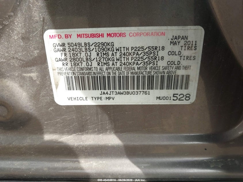 2011 Mitsubishi Outlander VIN JA4JT3AW3BU037761 IAAI salvage auction — LEFT REAR, Salvage (Pennsylvania), sold $600 on 2026-07-07 (photo 9)