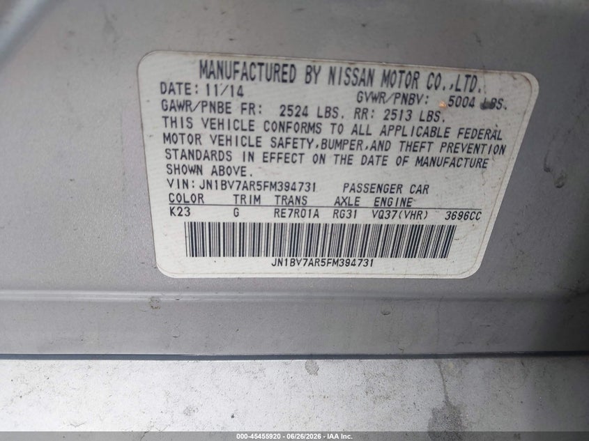 2015 Infiniti Q50 VIN JN1BV7AR5FM394731 IAAI salvage auction — FRONT END, Mv-907A (New York), sold $1,250 on 2026-07-28 (photo 9)