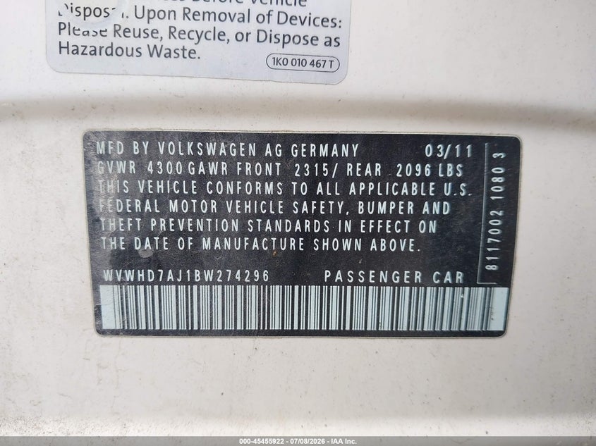 2011 Volkswagen Gti VIN WVWHD7AJ1BW274296 IAAI salvage auction — NORMAL WEAR, Clear (Virginia), sold $50 on 2026-07-28 (photo 9)