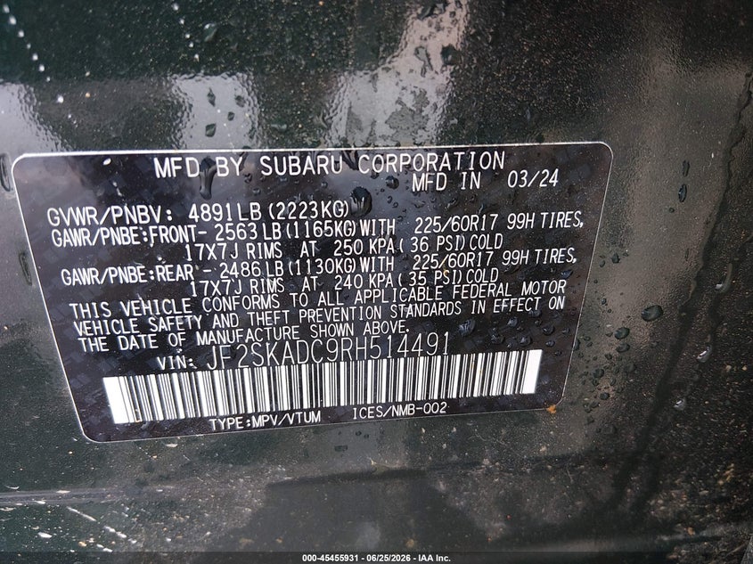 2024 Subaru Forester VIN JF2SKADC9RH514491 IAAI salvage auction — FRONT END, Salvage (North Carolina), sold $6,750 on 2026-07-29 (photo 9)