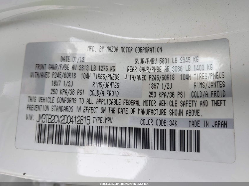 2013 Mazda Cx-9 VIN JM3TB2CV2D0412816 IAAI salvage auction — FRONT & REAR, Salvage (California), sold $575 on 2026-07-22 (photo 9)