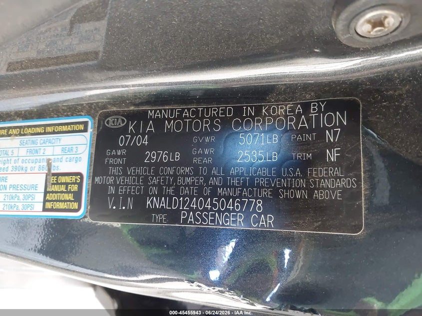 2004 Kia Amanti VIN KNALD124045046778 IAAI salvage auction — LEFT SIDE, Bill Of Sale (Washington), sold $325 on 2026-07-15 (photo 9)