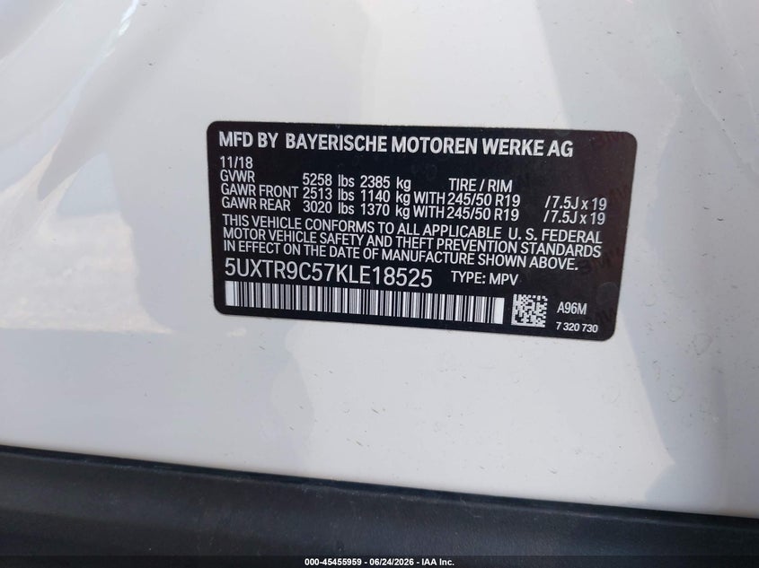 2019 BMW X3 VIN 5UXTR9C57KLE18525 IAAI salvage auction — LEFT REAR, Salvage (Pennsylvania), sold $11,000 on 2026-07-17 (photo 9)
