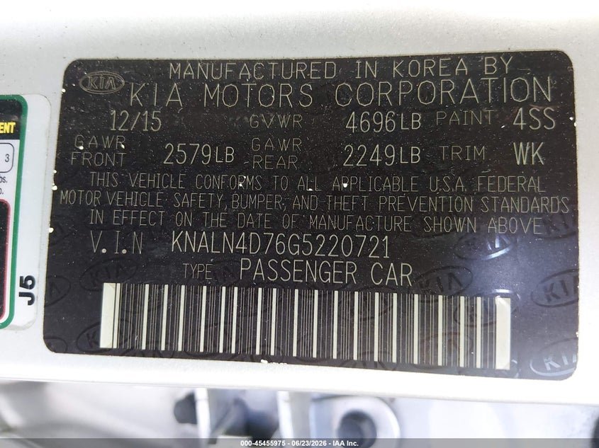 2016 Kia Cadenza VIN KNALN4D76G5220721 IAAI salvage auction — FRONT END, Rebuildable (Florida), sold $650 on 2026-07-07 (photo 9)