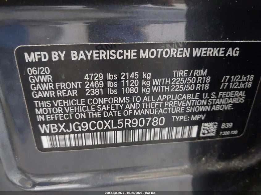 2020 BMW X1 VIN WBXJG9C0XL5R90780 IAAI salvage auction — LEFT FRONT, Mv-907A (New York), sold $7,600 on 2026-07-29 (photo 9)