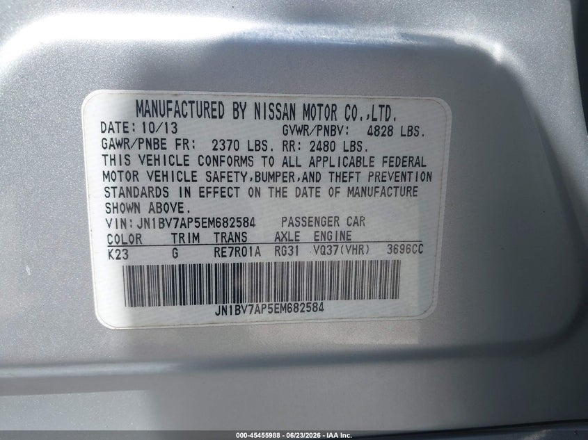 2014 Infiniti Q50 VIN JN1BV7AP5EM682584 IAAI salvage auction — FRONT END, Salvage Title, sold $25 on 2026-07-24 (photo 9)
