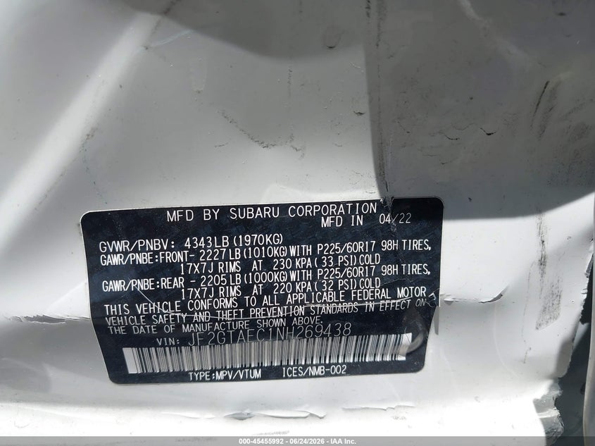 2022 Subaru Xv VIN JF2GTAEC1NH269438 IAAI salvage auction — FRONT & REAR, Salvage Title, sold $3,550 on 2026-07-30 (photo 9)