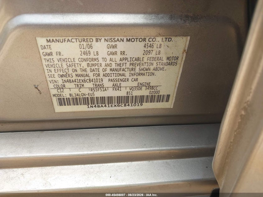2006 Nissan Maxima VIN 1N4BA41EX6C841019 IAAI salvage auction — FRONT END, Salvage (Alabama), sold $250 on 2026-07-08 (photo 9)