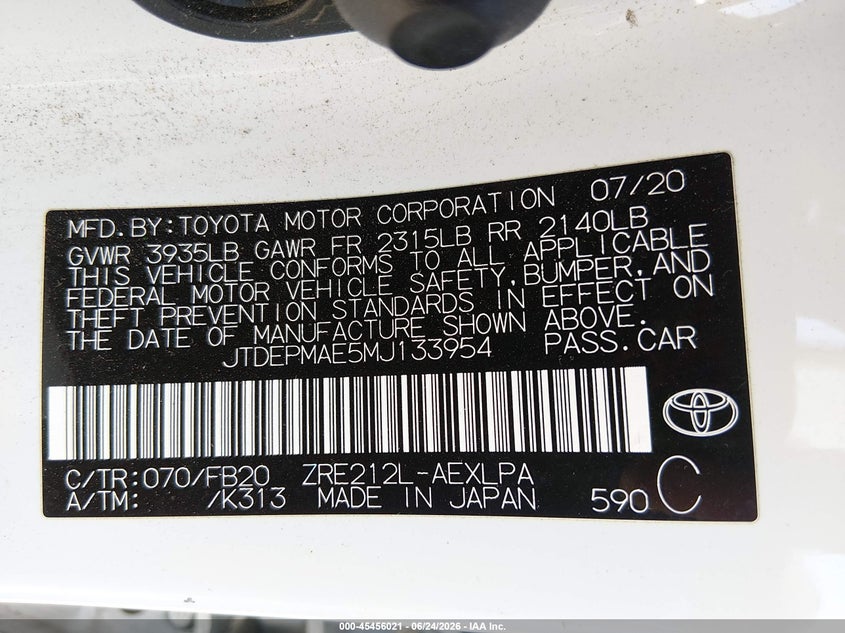 2021 Toyota Corolla VIN JTDEPMAE5MJ133954 IAAI salvage auction — SIDE, Salvage Title, sold $850 on 2026-07-22 (photo 9)