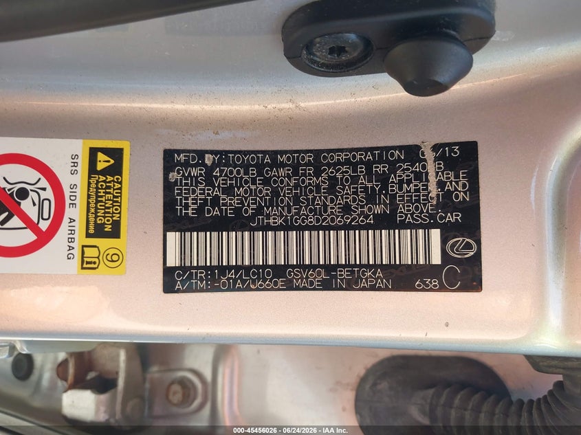 2013 Lexus ES VIN JTHBK1GG8D2069264 IAAI salvage auction — RIGHT FRONT, Salvage (Ohio), sold $4,000 on 2026-07-08 (photo 9)