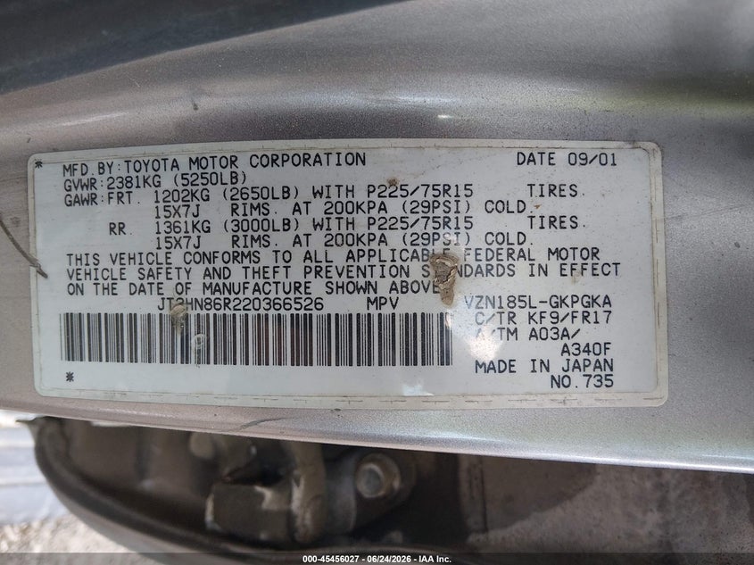 2002 Toyota 4runner VIN JT3HN86R220366526 IAAI salvage auction — LEFT SIDE, Salvage (Ohio), sold $25 on 2026-07-15 (photo 9)