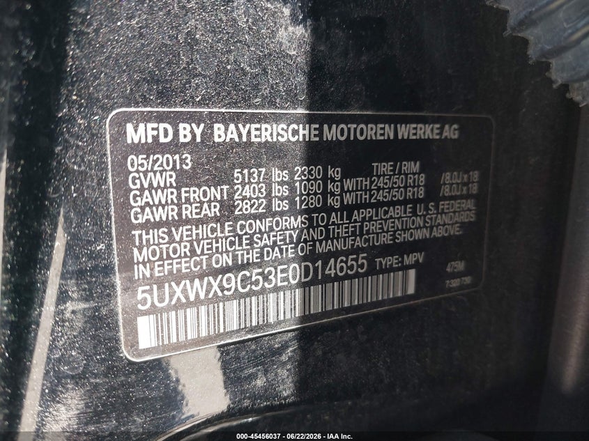 2014 BMW X3 VIN 5UXWX9C53E0D14655 IAAI salvage auction — UNKNOWN, Salvage (California), sold $650 on 2026-07-08 (photo 9)