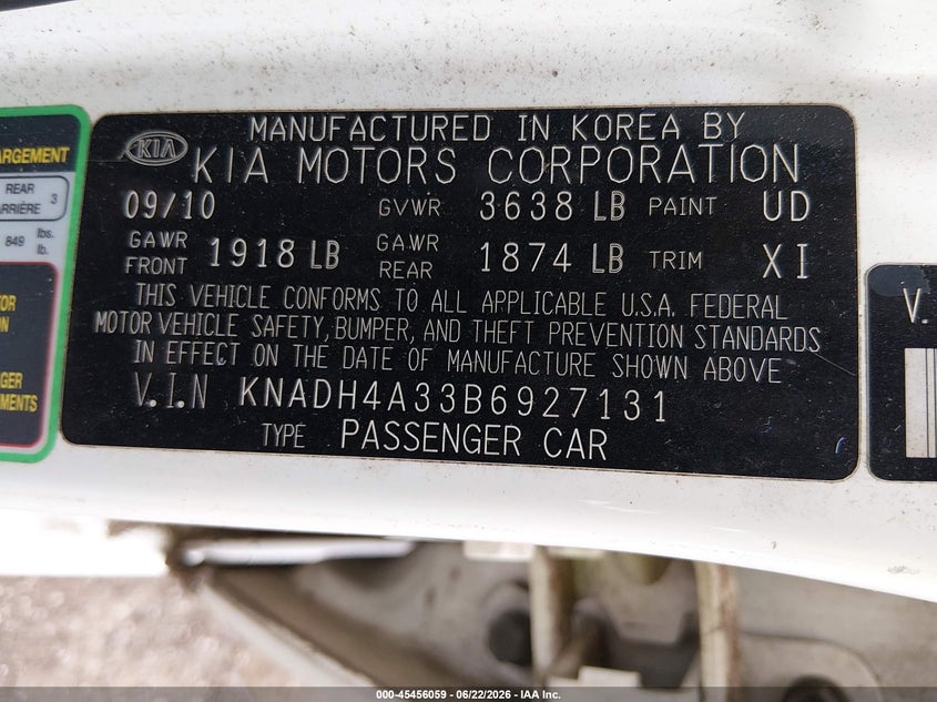 2011 Kia Rio VIN KNADH4A33B6927131 IAAI salvage auction — NORMAL WEAR, Clear (Mississippi), sold $325 on 2026-07-29 (photo 9)