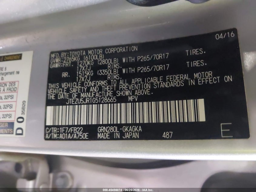 2016 Toyota 4runner VIN JTEBU5JR2G5281671 IAAI salvage auction — FRONT & REAR, Salvage (Virginia), sold $9,350 on 2026-07-09 (photo 9)