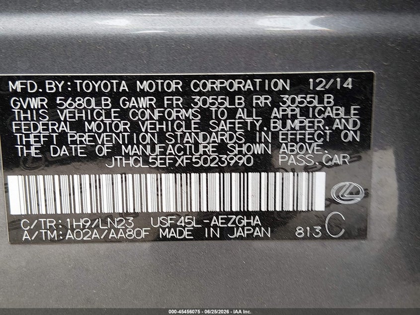 2015 Lexus Ls VIN JTHCL5EFXF5023990 IAAI salvage auction — LEFT FRONT, Bill Of Sale (Washington), sold $4,150 on 2026-07-29 (photo 9)
