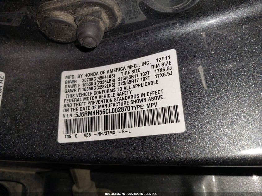 2012 Honda Cr-v VIN 5J6RM4H56CL002870 IAAI salvage auction — FRONT END, Salvage Title, sold $1,250 on 2026-07-10 (photo 9)