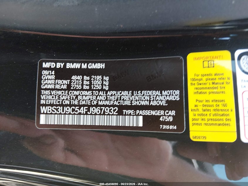 2015 BMW M4 VIN WBS3U9C54FJ967932 IAAI salvage auction — FRONT & REAR, Salvage Title, sold $7,100 on 2026-08-19 (photo 9)