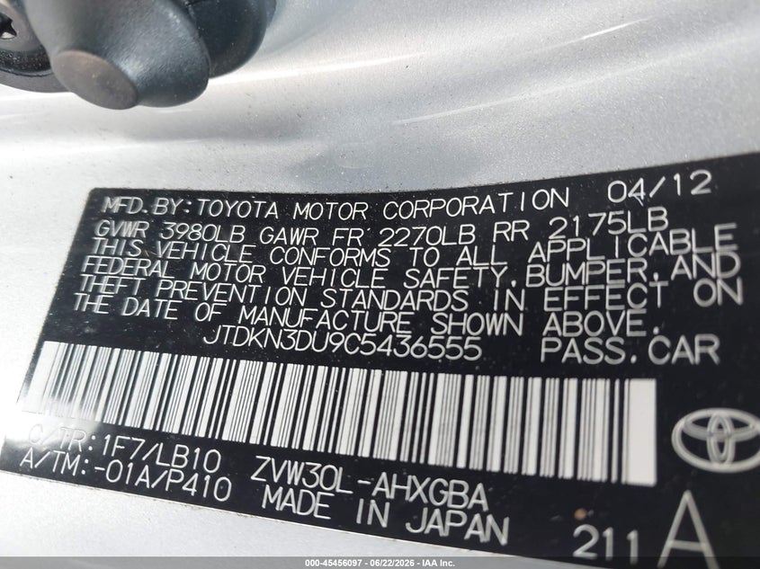 2012 Toyota Prius VIN JTDKN3DU9C5436555 IAAI salvage auction — FRONT END, Clear (Florida), sold $825 on 2026-07-08 (photo 9)