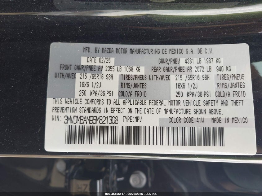 2025 Mazda Cx-30 VIN 3MVDMBAM9SM821308 IAAI salvage auction — ALL OVER, Junk Bill Of Sale Mv2459 (Wisconsin), sold $1,600 on 2026-07-05 (photo 9)