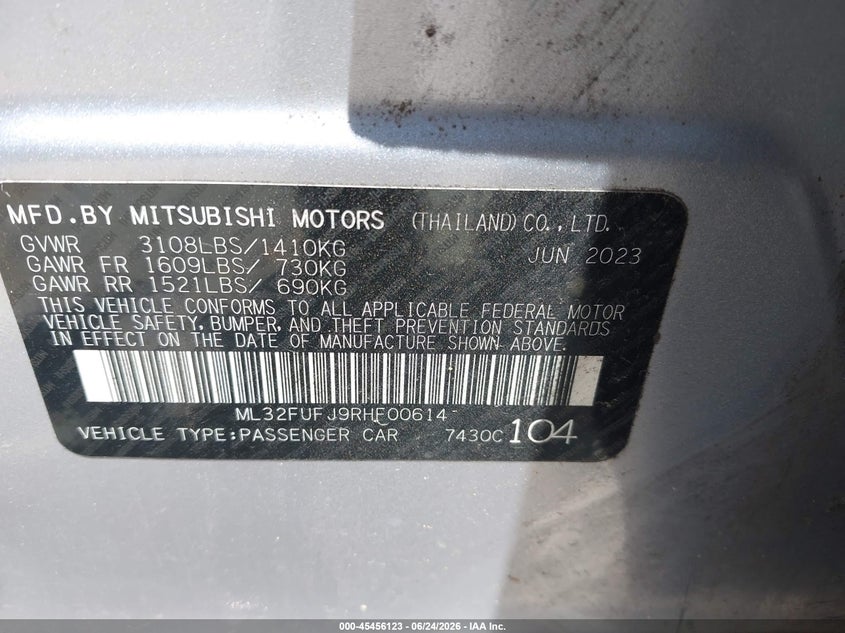 2024 Mitsubishi Mirage VIN ML32FUFJ9RHF00614 IAAI salvage auction — FRONT & REAR, Salvage Title, sold $2,250 on 2026-08-24 (photo 9)