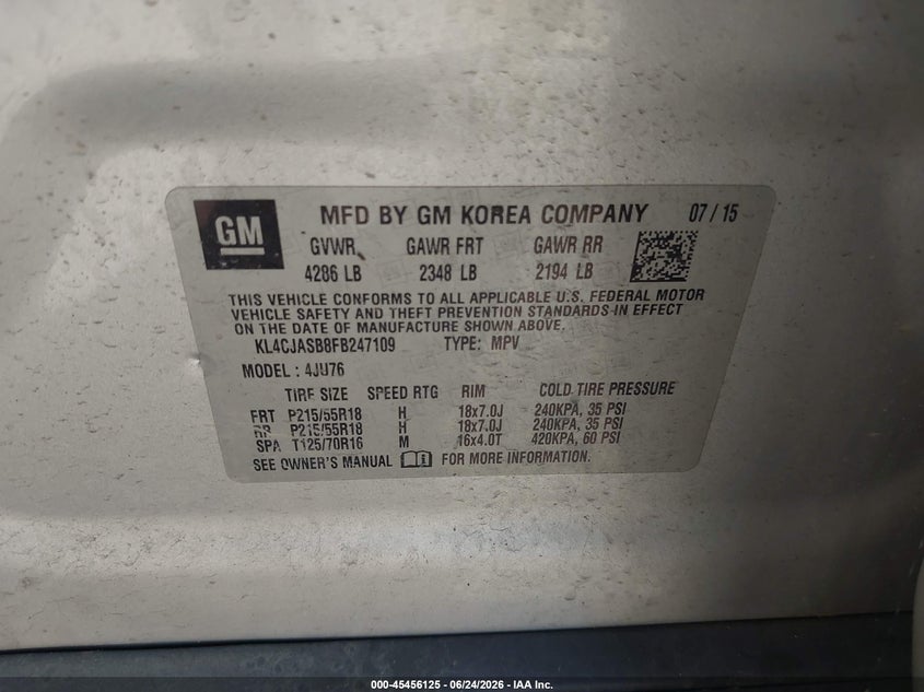 2015 Buick Encore VIN KL4CJASB8FB247109 IAAI salvage auction — FRONT END, Clear (Virginia), sold $600 on 2026-07-28 (photo 9)