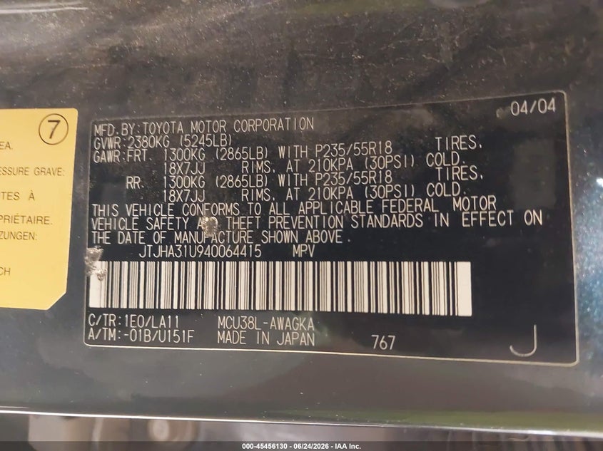 2004 Lexus Rx 330 VIN JTJHA31U940064415 IAAI salvage auction — NORMAL WEAR, Clear (Utah), sold $50 on 2026-07-13 (photo 9)