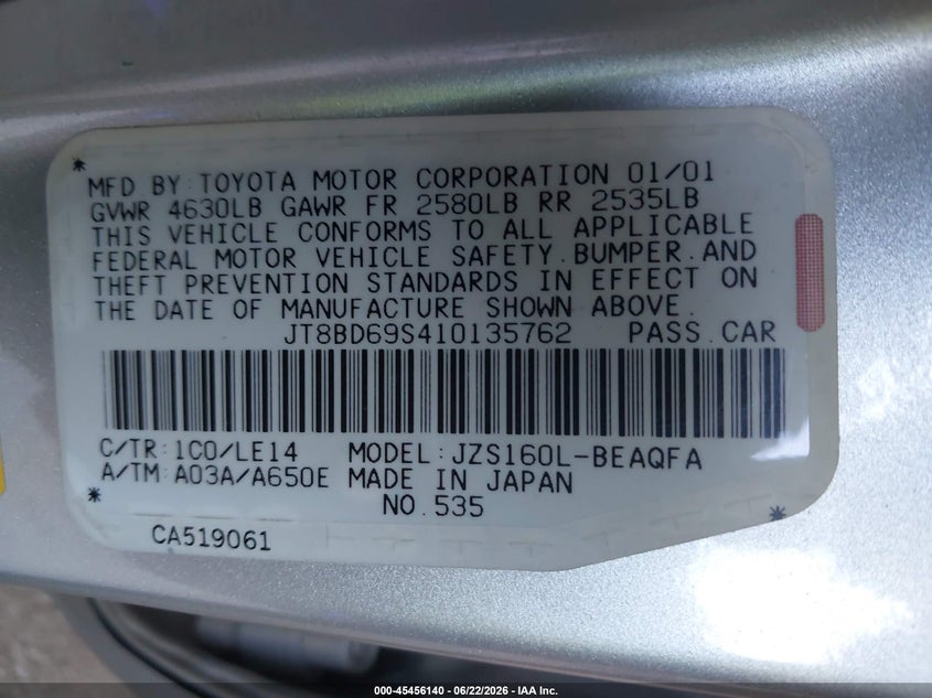 2001 Lexus Gs 300 VIN JT8BD69S410135762 IAAI salvage auction — FRONT END, Salvage (California), sold $425 on 2026-07-14 (photo 9)