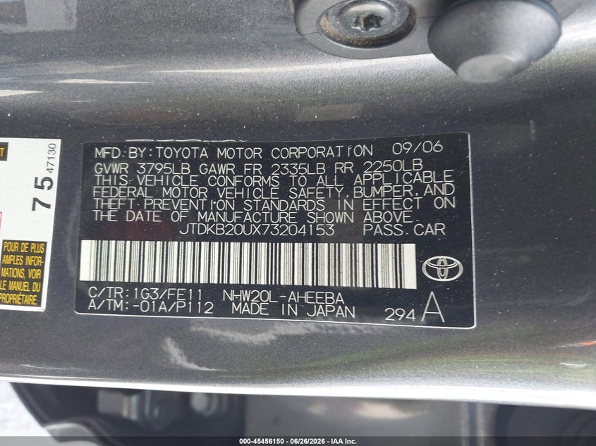 2007 Toyota Prius VIN JTDKB20UX73204153 IAAI salvage auction — SIDE, Salvage (California), sold $25 on 2026-07-13 (photo 9)
