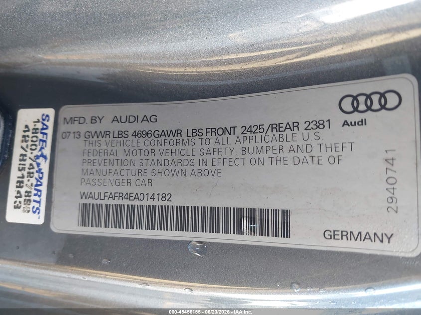 2014 Audi A5 VIN WAULFAFR4EA014182 IAAI salvage auction — NORMAL WEAR, Clear (Florida), sold $600 on 2026-07-29 (photo 9)