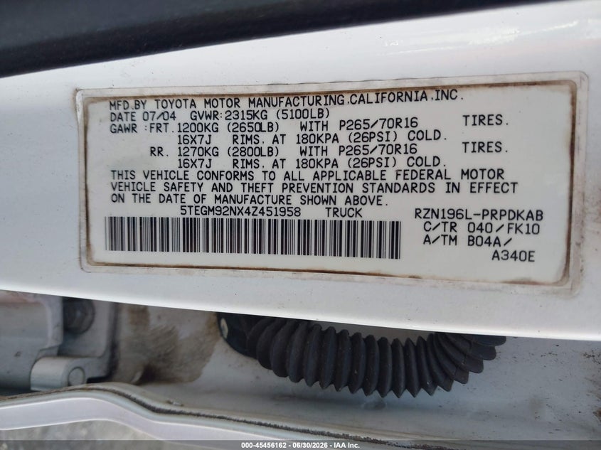 2004 Toyota Tacoma VIN 5TEGM92NX4Z451958 IAAI salvage auction — FRONT & REAR, Rebuildable (Florida), sold $2,550 on 2026-07-14 (photo 9)