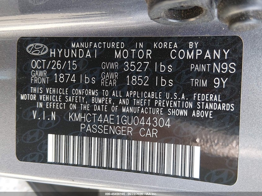 2016 Hyundai Accent VIN KMHCT4AE1GU044304 IAAI salvage auction — NORMAL WEAR, Clear - Dealer Only (California), sold $700 on 2026-07-15 (photo 9)