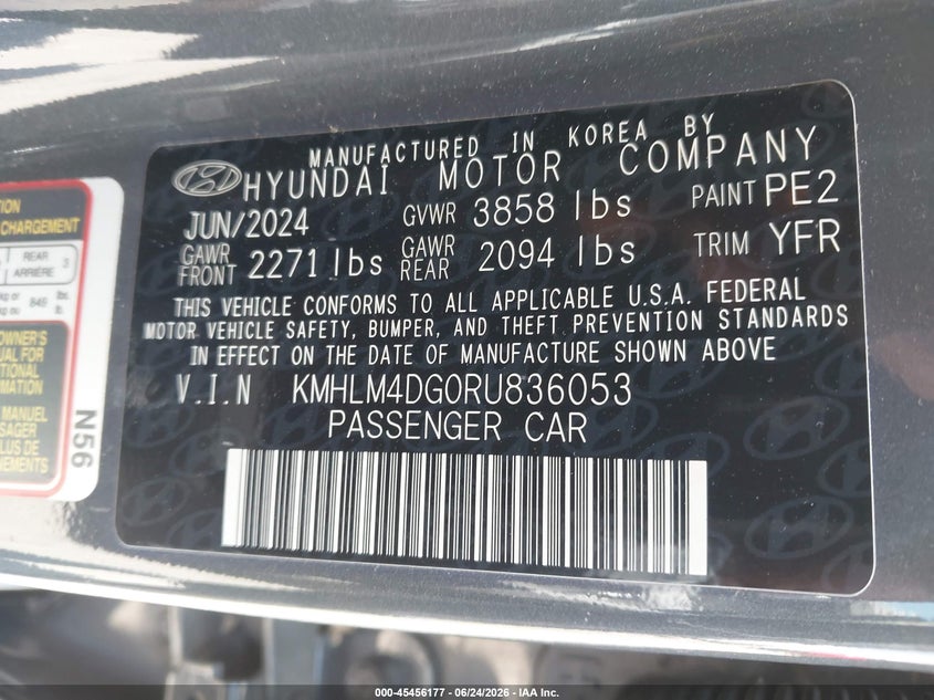 2024 Hyundai Elantra VIN KMHLM4DG0RU836053 IAAI salvage auction — RIGHT FRONT, Salvage Title, sold $2,600 on 2026-07-23 (photo 9)
