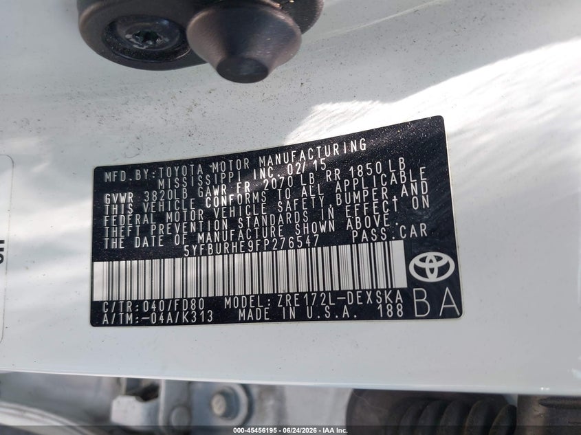 2015 Toyota Corolla VIN 5YFBURHE9FP276547 IAAI salvage auction — FRONT & REAR, Salvage Title, sold $2,850 on 2026-07-15 (photo 9)