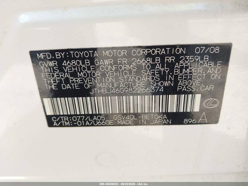 2008 Lexus ES VIN JTHBJ46G982266374 IAAI salvage auction — FRONT END, Clear (Georgia), sold $800 on 2026-07-17 (photo 9)