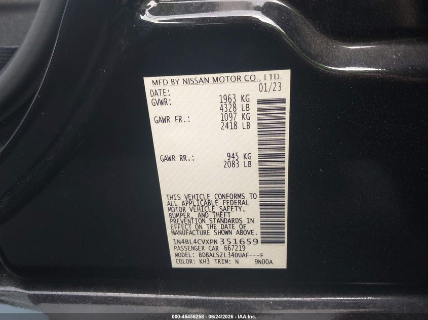 2023 Nissan Altima VIN 1N4BL4CVXPN351659 IAAI salvage auction — RIGHT FRONT, Salvage Certificate (California), sold $3,200 on 2026-07-12 (photo 9)