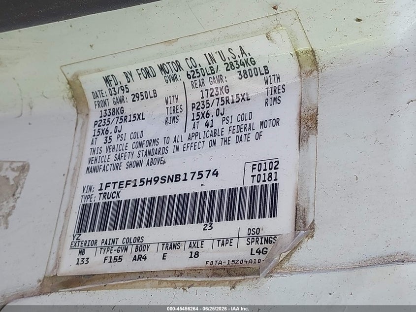 1995 Ford F-150 lightning VIN 1FTEF15H9SNB17574 IAAI salvage auction — NORMAL WEAR, Clear (Mississippi), sold $500 on 2026-07-09 (photo 9)