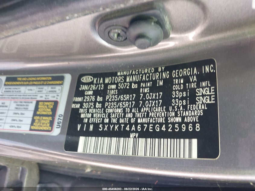 2014 Kia Sorento VIN 5XYKT4A67EG425968 IAAI salvage auction — NORMAL WEAR, Original (Texas), sold $1,075 on 2026-07-16 (photo 9)