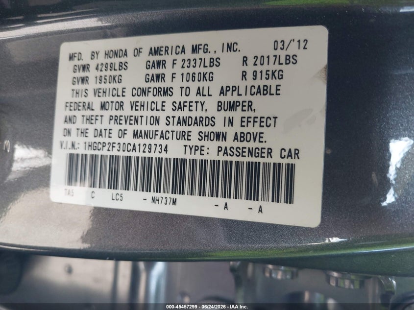 2012 Honda Accord VIN 1HGCP2F30CA129734 IAAI salvage auction — FRONT END, Salvage Certificate (California), sold $1,075 on 2026-07-10 (photo 9)