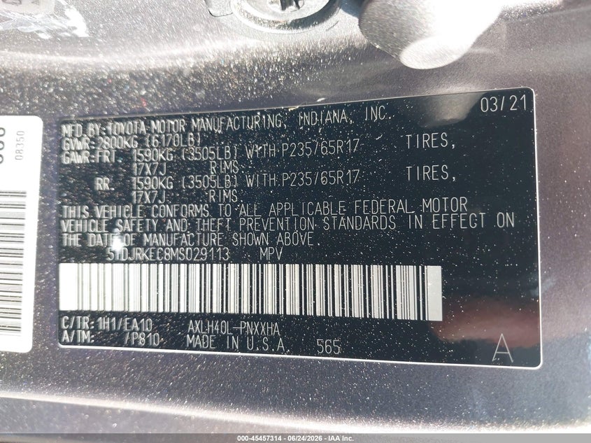 2021 Toyota Sienna VIN 5TDJRKEC8MS029113 IAAI salvage auction — FRONT END, Salvage Title, sold $5,300 on 2026-07-28 (photo 9)