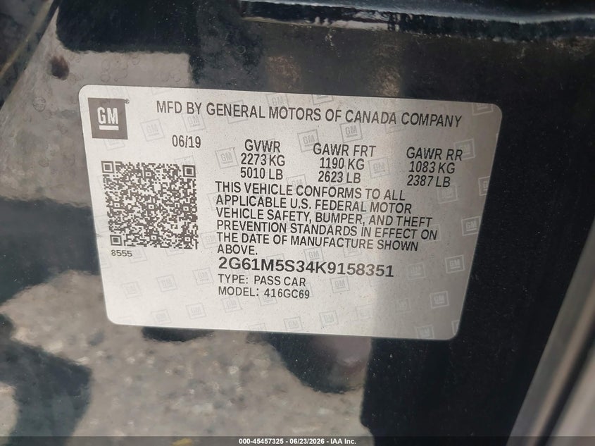 2019 Cadillac Xts VIN 2G61M5S34K9158351 IAAI salvage auction — FRONT & REAR, Salvage Title, sold $1,650 on 2026-07-31 (photo 9)