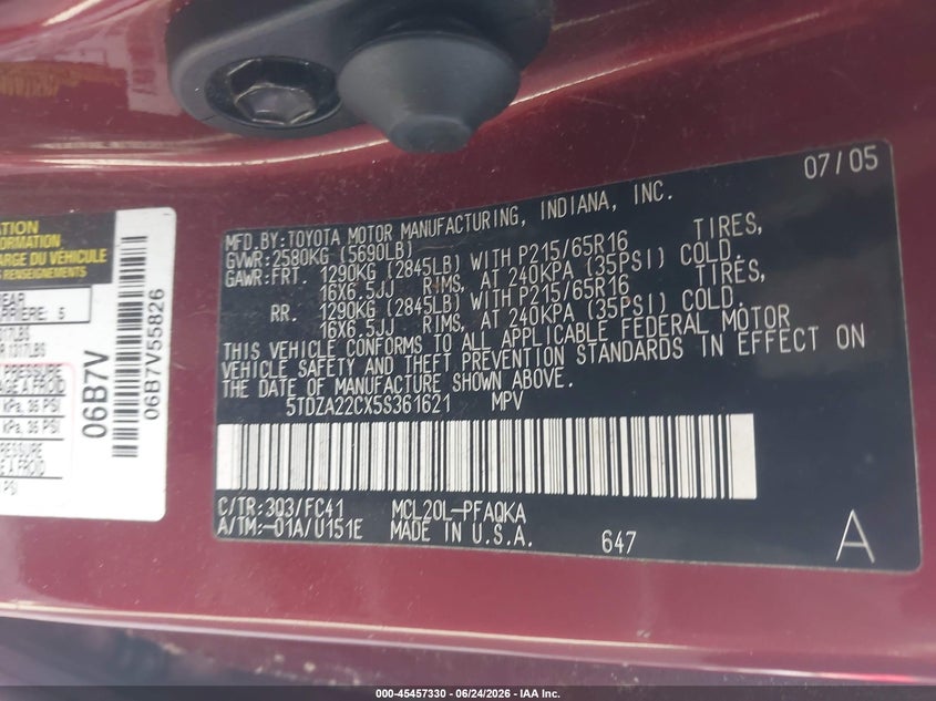 2005 Toyota Sienna VIN 5TDZA22CX5S361621 IAAI salvage auction — NORMAL WEAR, Clear (Georgia), sold $1,425 on 2026-07-07 (photo 9)