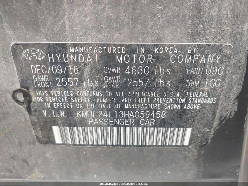 2017 Hyundai Sonata hybrid VIN KMHE24L13HA059458 IAAI salvage auction — NORMAL WEAR, Original (Texas), sold $225 on 2026-07-21 (photo 9)