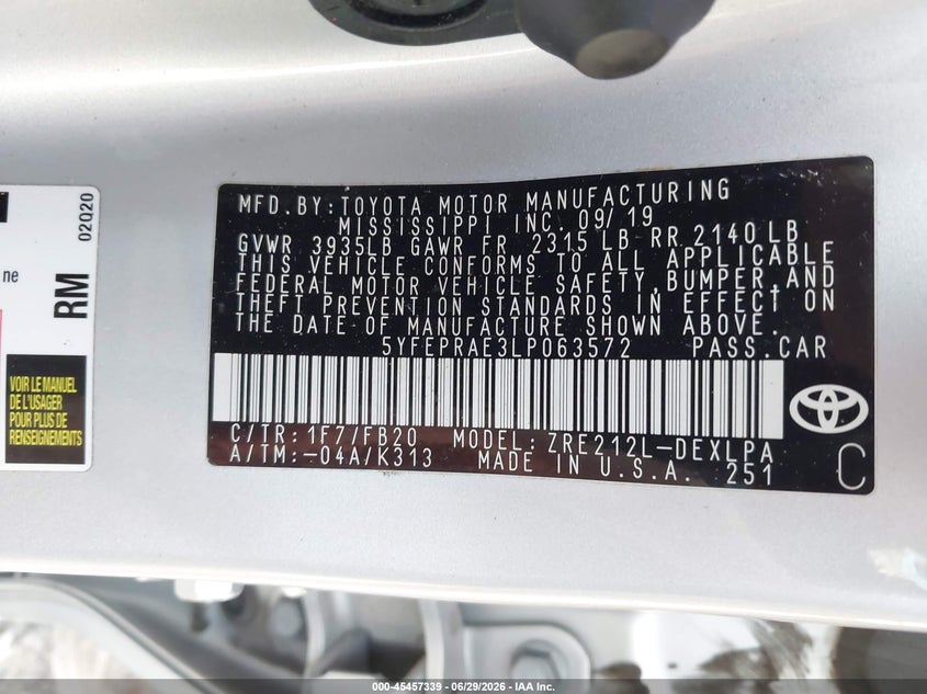 2020 Toyota Corolla VIN 5YFEPRAE3LP063572 IAAI salvage auction — SIDE, Mv-907A (New York), sold $2,350 on 2026-07-30 (photo 9)