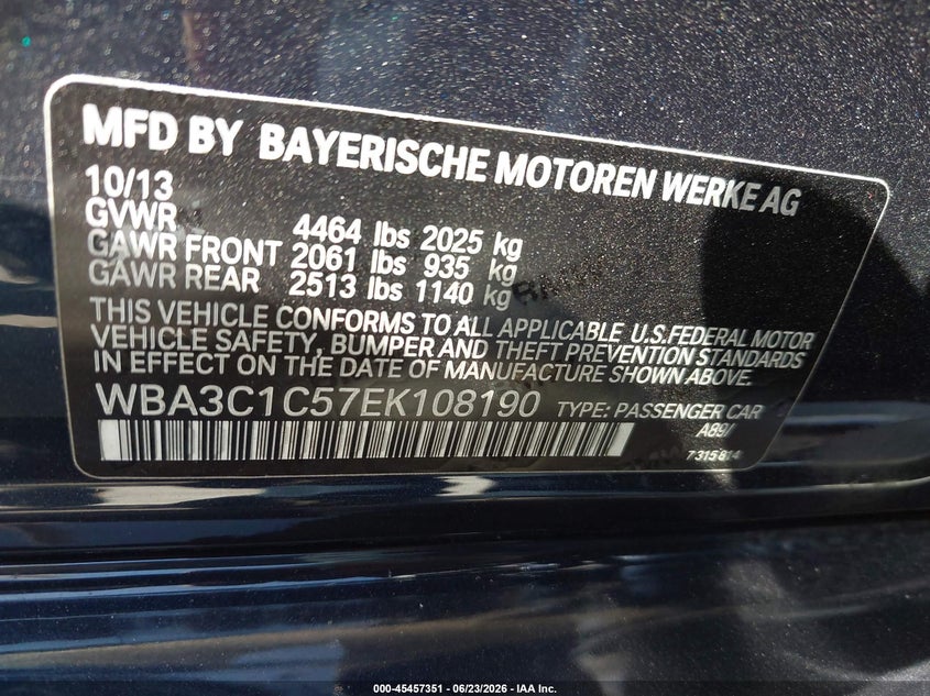 2014 BMW 3er VIN WBA3C1C57EK108190 IAAI salvage auction — REAR END, Salvage Title, sold $1,400 on 2026-07-15 (photo 9)