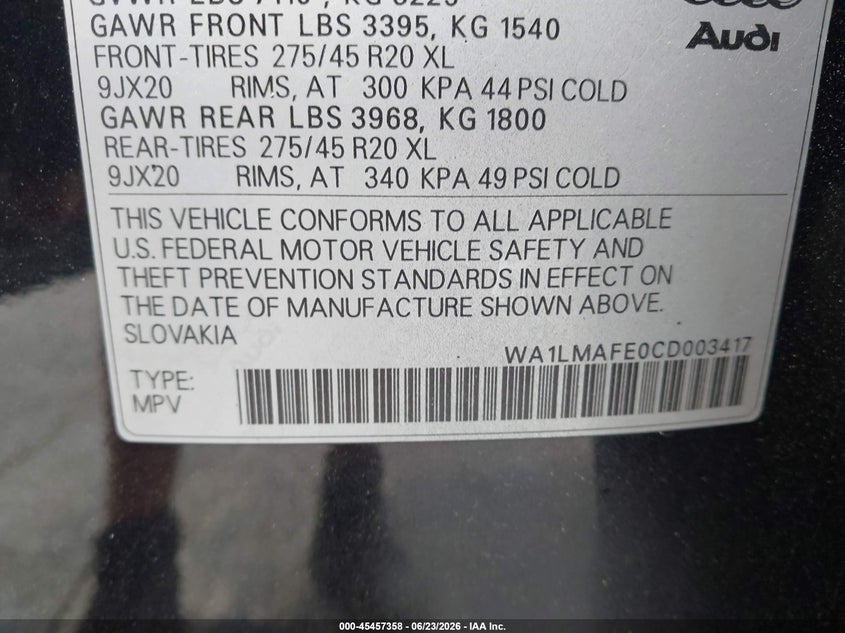 2012 Audi Q7 VIN WA1LMAFE0CD003417 IAAI salvage auction — UNKNOWN, Salvage Rebuilt (North Carolina), sold $2,000 on 2026-07-30 (photo 9)