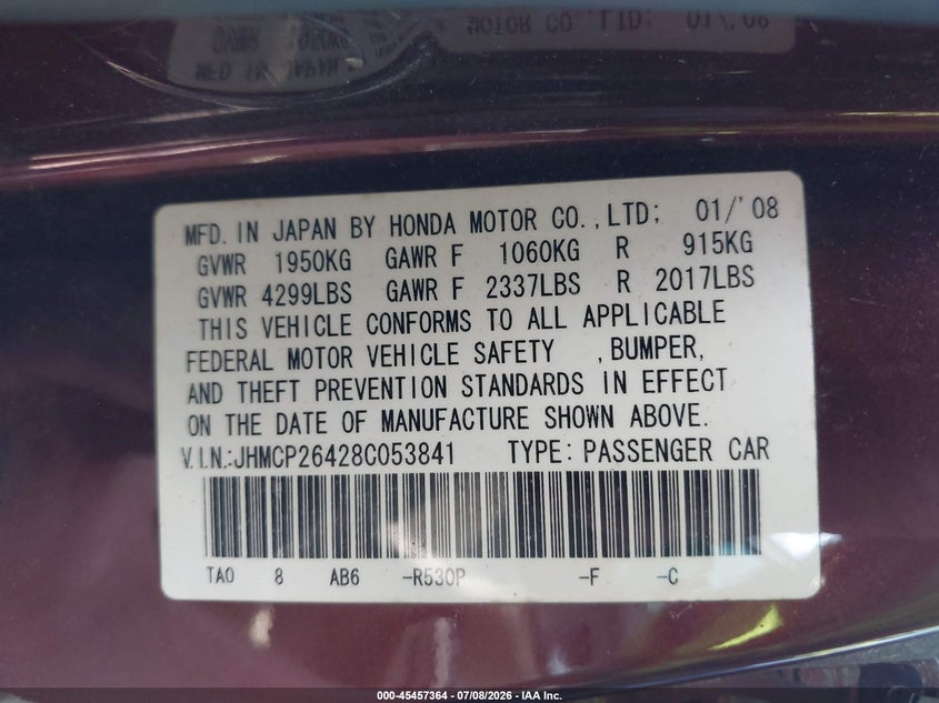 2008 Honda Accord VIN JHMCP26428C053841 IAAI salvage auction — REAR END, Clear (Indiana), sold $750 on 2026-07-14 (photo 9)